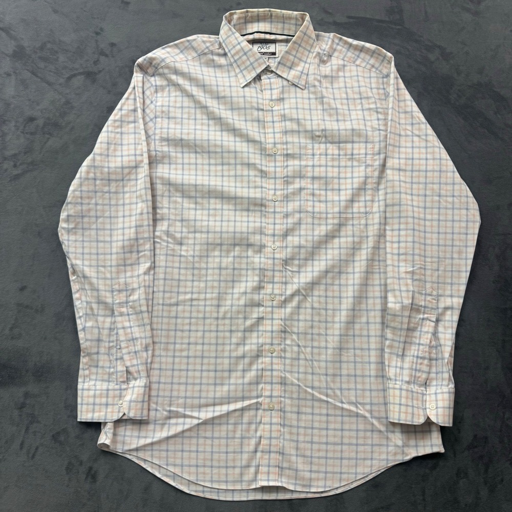 Jos A Bank 1905 Brrr Comfort Tailored Fit Shirt 16.5 36 Blue Orange Check